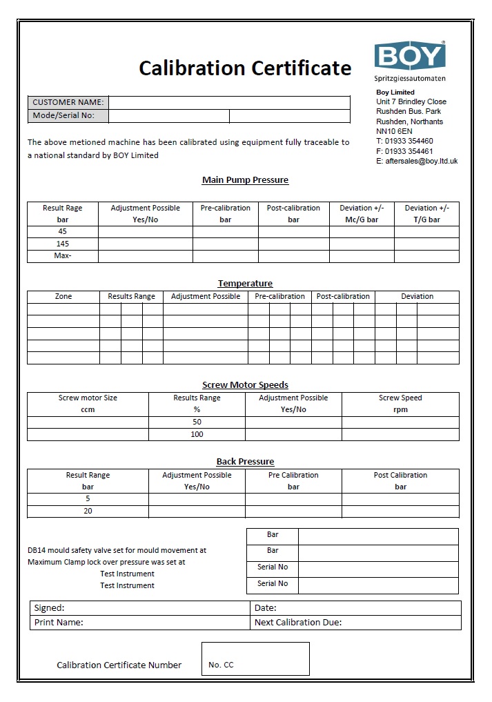 BOY Calibration Certificate